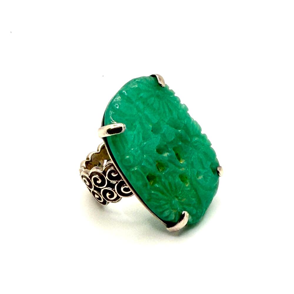 Vintage Y2K Amy Kahn Russell Signed Sterling Silver Carved Jade Statement Ring